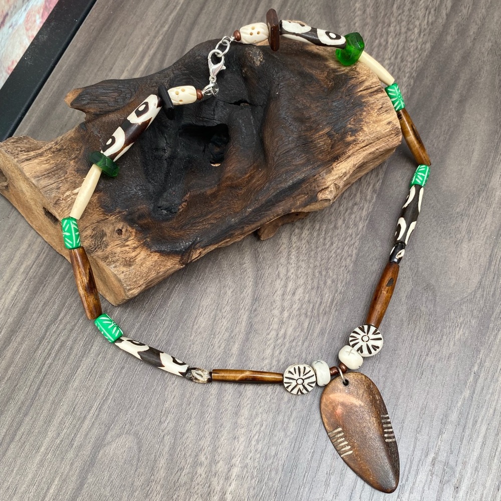 New Hand Crafted One of a Kind Artisan Recycled Glass and Etched Bead Necklace